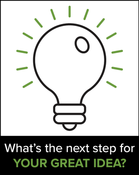 Illustration of a lightbulb with text that says "What's the next step for your great idea?"